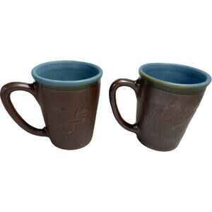 Pottery Mug Set Couples Mugs Fall Raised Leaf Embossed Brown Teal Cups